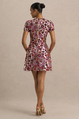 Eira | Pink Floral Embellished Sequin Crew-Neck Mini Dress