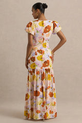 Ginny | Bright Floral Print Puff-Sleeve Split Maxi Dress