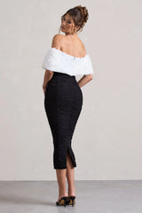 Olea | Black & White Ruched Bardot Midi Dress With Flowers