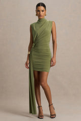 Sorenna | Olive High-Neck Mini-Dress With Wrap And Sash Detail