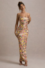 Vitora | Pastel Floral Print Embellished Sequin Square-Neck Maxi Dress