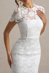Clarissa | White Lace Short-Sleeve Pleated Midi Dress