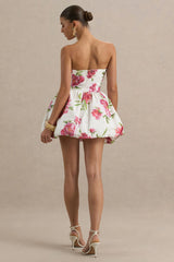 Adira | Cream Floral Print Bandeau Puffball Mini Dress With Ruffle Detail
