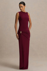 Decadence | Burgundy High-Neck Wrapped Maxi Dress With Twist-Sleeve