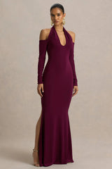 Living High | Burgundy Halter-Neck Maxi Dress With Long Sleeves