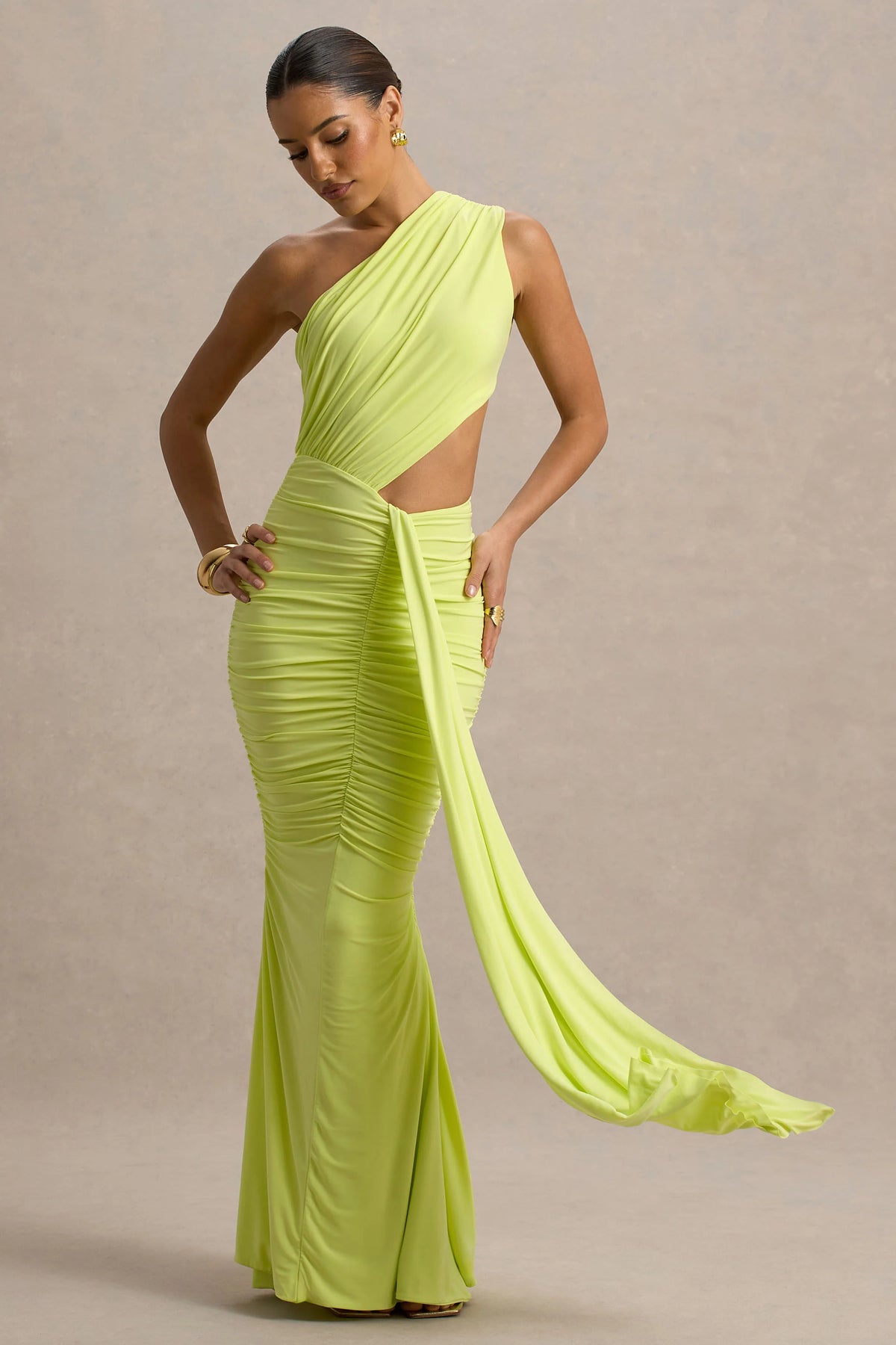 Beline | Lime Green One-Shoulder Cut-Out Maxi Dress With Drape