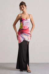Kali | Black Floral Print Cowl-Neck Open-Back Split Maxi Dress