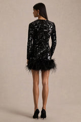 Stardust | Black Sequined Velvet Crew-Neck Mini Dress With Feather Trim