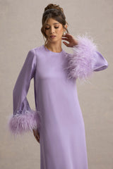 Adella | Lilac Satin Feather-Trim Maxi Dress