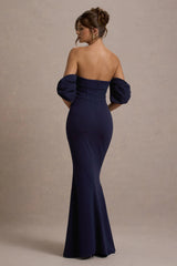 Alaine | Navy Bardot Maxi Dress With Bow Sleeves