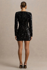 Ritz | Black Sequin Plunge-Neck Mini Dress With Long Sleeves