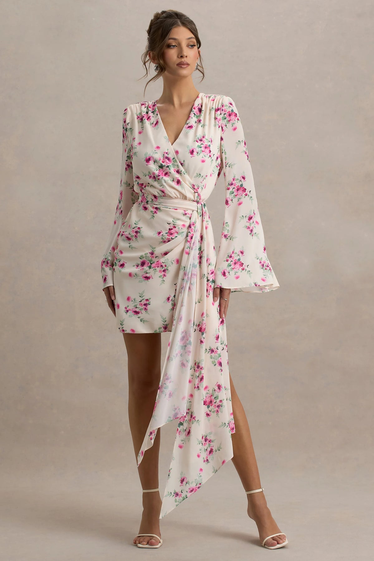 Goldie | Cream Floral Print Chiffon Long-Sleeve Wrap Mini Dress