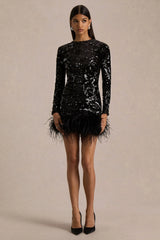 Stardust | Black Sequined Velvet Crew-Neck Mini Dress With Feather Trim