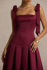 Alberta | Burgundy Satin Square-Neck Midi Dress With Bow Straps