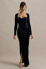 Fay | Navy Velvet Corset Style Knot Maxi Dress