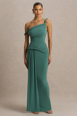 Tulisa | Green Asymmetric-Neck Maxi Dress With Twist Sleeves And Ruched Detailing