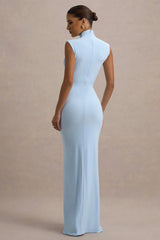 Lanetta | Powder Blue Ruched High-Neck Maxi Dress With Split