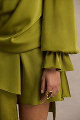 Cara | Olive Satin Plunge-Neck Micro-Mini Dress With Long Sleeve