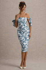 Citrus | Blue Porcelain Print Bardot Bodycon Midi Dress With Bow Sleeves
