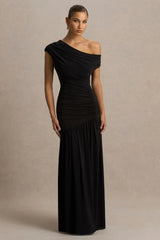 Kady | Black Asymmetric-Neck Maxi Dress With Ruched Detailing