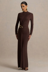 Zadie | Brown High-Neck Maxi Dress With Gathered-Detail
