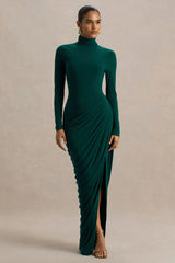 Betsy | Bottle Green High-Neck Maxi Dress With Front Split And Ruched Detailing