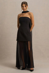 Chessa | Black Boat-Neck Maxi Dress With Sheer Cape