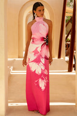 Leia | Pink Lily Print High-Neck Maxi Dress