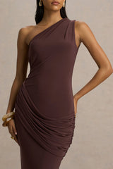 Elisa | Brown Asymmetric-Neck Maxi Dress With Open-Back And Ruched Detailing