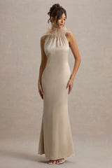 Bianca | Champagne Satin Feather-Trim Maxi Dress