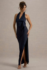 Santorini | Navy Satin Plunge-Neck Wrap Maxi Dress