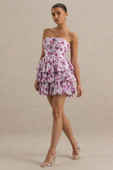 Swirl | Cream Floral Print Bandeau Puffball Mini Dress With Ruffle Detail
