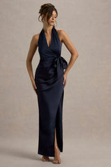 Santorini | Navy Satin Plunge-Neck Wrap Maxi Dress