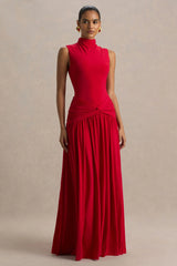 Cascade | Red High-Neck Maxi Dress With Twist Detail