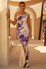 Exotic | Purple Placement Floral Asymmetric Maxi Dress