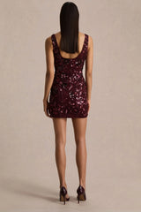 Moonshine | Burgundy Floral Sequin Embellished Square-Neck Mini Dress