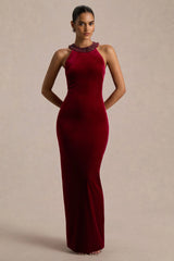Darya | Burgundy Velvet Embellished High-Neck Maxi Dress
