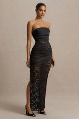 Dulcie | Black Lace And Satin Bandeau Maxi Dress With Wrap-Details