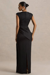 Influence | Black Satin Slashed-Neck Maxi Dress With Embellished Detail And Sash