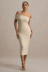 Skye | Sand Twisted Bardot Midi Dress