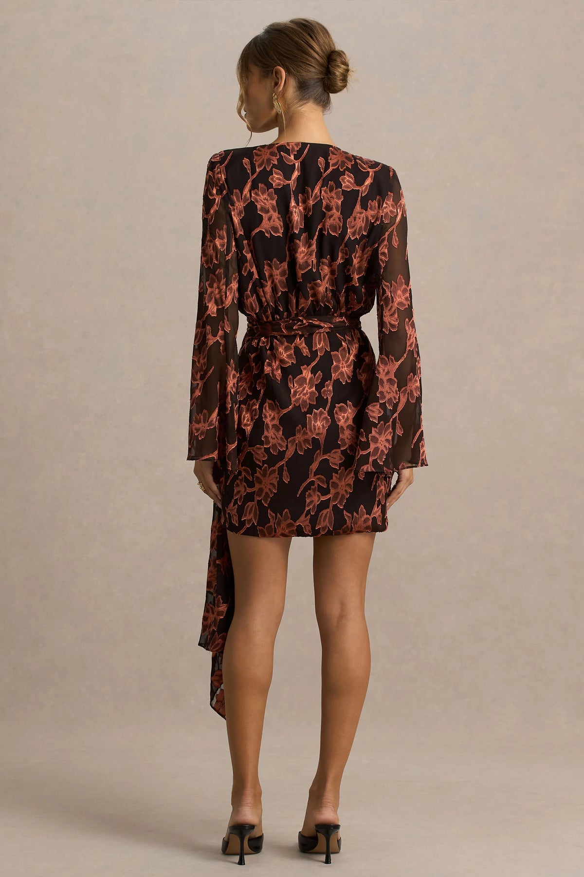 Lindsey | Black And Rust Plunge-Neck Wrap Mini Dress With Bell Sleeves And Sash Detail