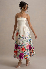 Annalise | Light Pink Floral Print Bandeau Skater Midi Dress