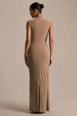 Solene | Brown High-Neck Maxi Dress With Wrap And Drape Detail