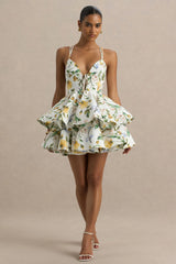 Flavia | White Botanical Print Linen Plunge-Neck Ruffled Skater Micro-Mini Dress