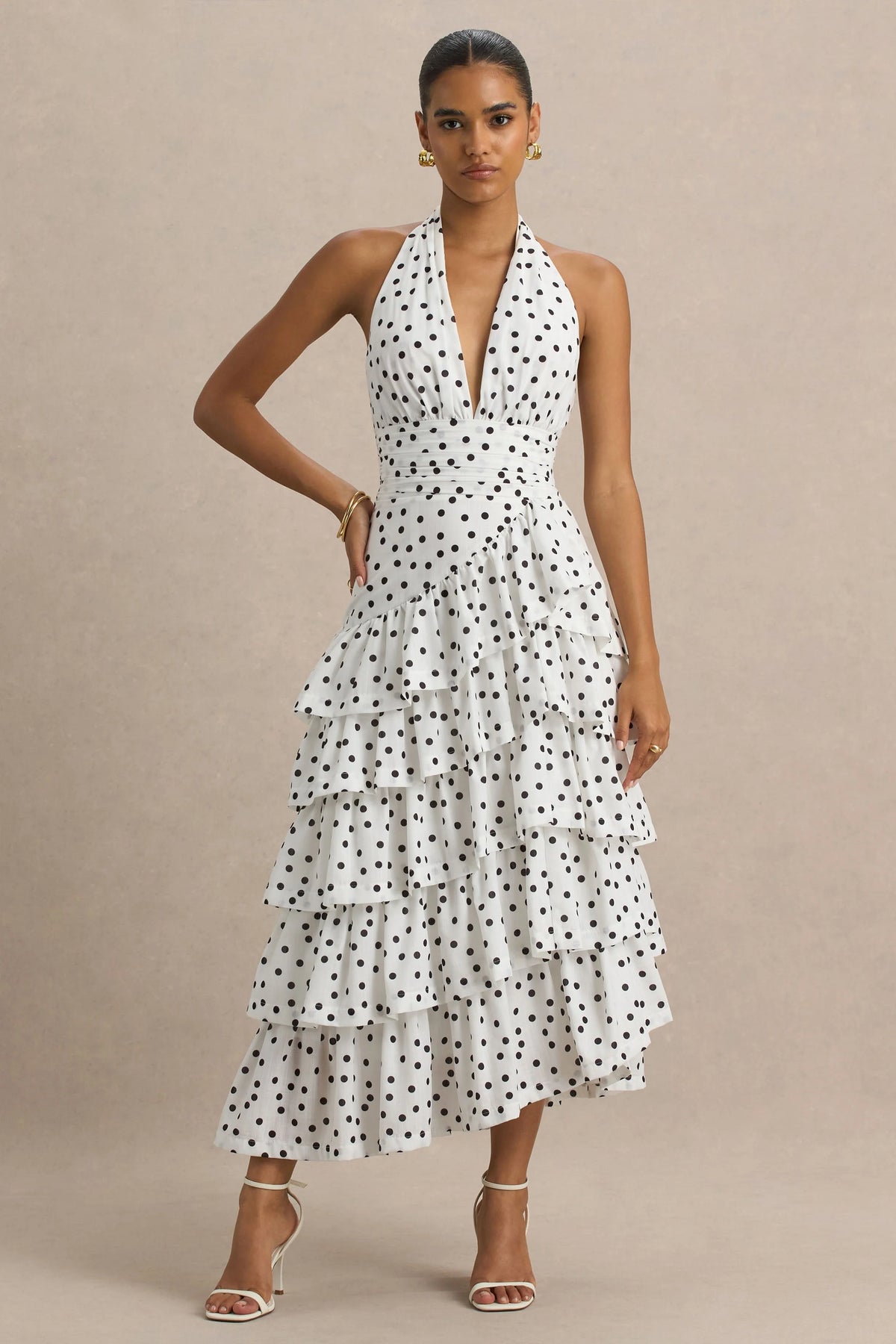 Violet | White Polka Dot Midi Dress With Halter-Neck and Ruffled Skirt