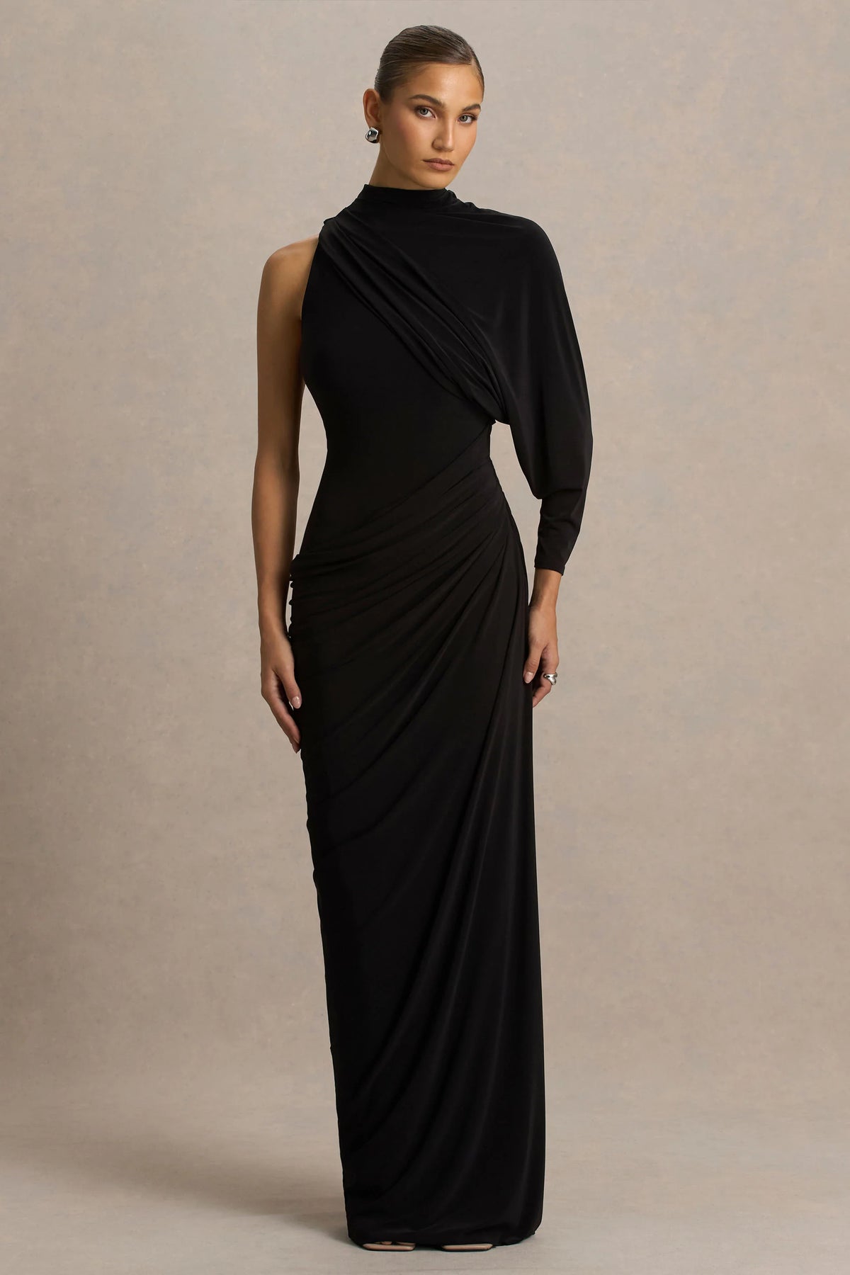 Aphra | Black High-Neck Maxi Dress With Cape-Sleeve