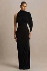 Aphra | Black High-Neck Maxi Dress With Cape-Sleeve