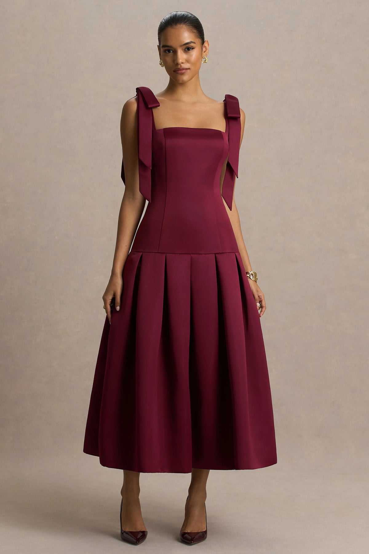 Alberta | Burgundy Satin Square-Neck Midi Dress With Bow Straps