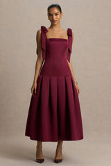 Alberta | Burgundy Satin Square-Neck Midi Dress With Bow Straps