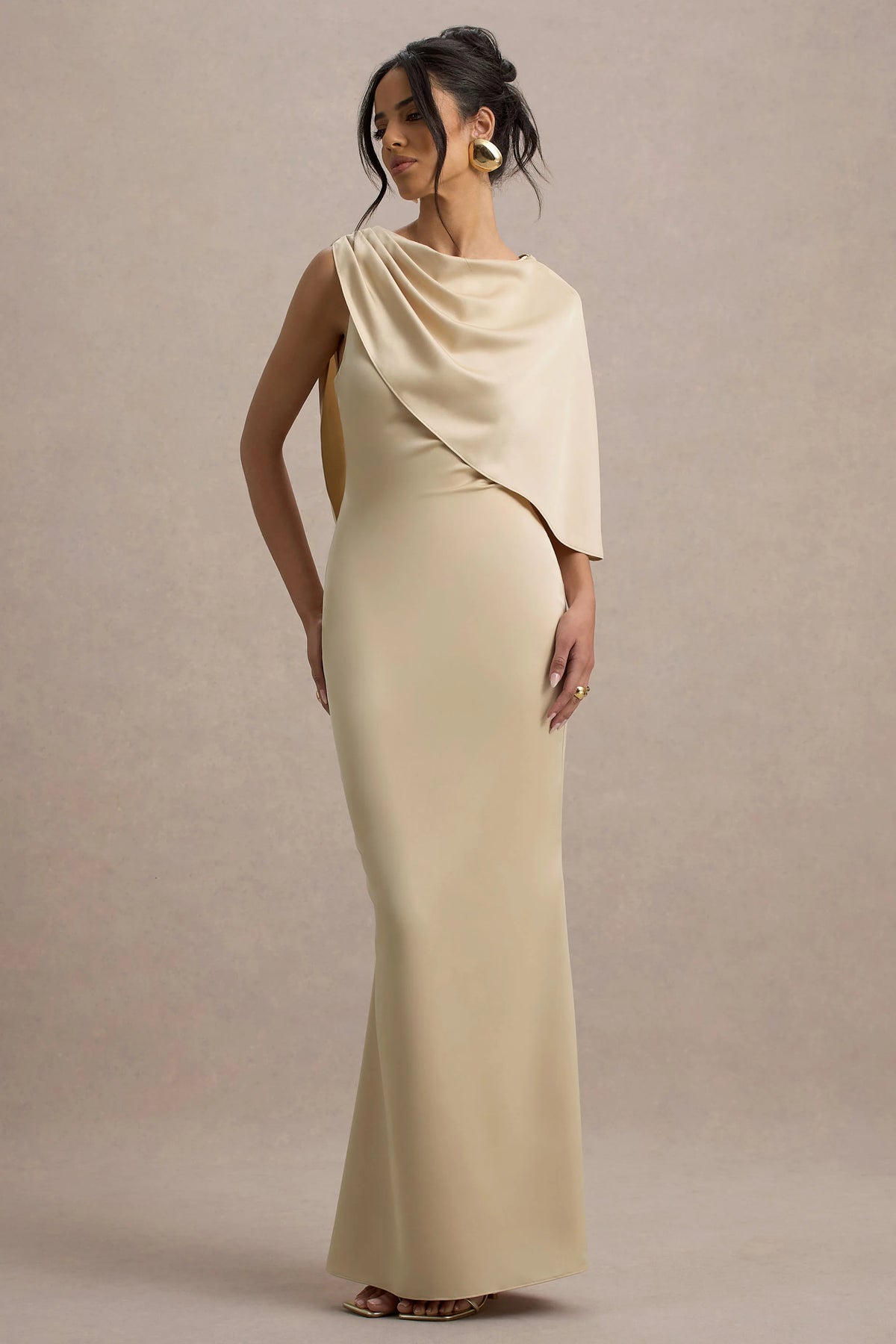 Ambra | Champagne Satin One-Shoulder Cape Maxi Dress